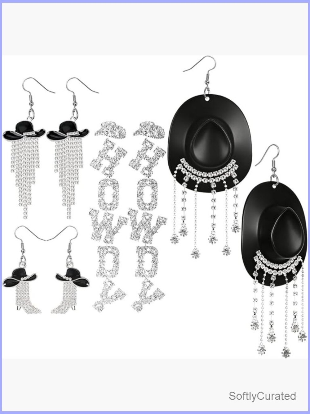 4 Pairs Western Cowgirl Earrings Set Rhinestone Drop Dangle HOWDY Cowboy Hat